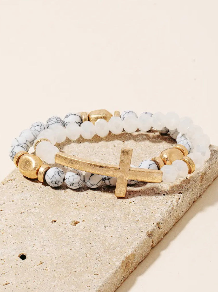 Cross Charm Beaded Bracelet Stack